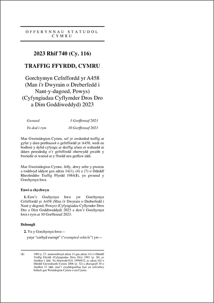 Gorchymyn Cefnffordd yr A458 (Man i'r Dwyrain o Dreberfedd i Nant-y-dugoed, Powys) (Cyfyngiadau Cyflymder Dros Dro a Dim Goddiweddyd) 2023