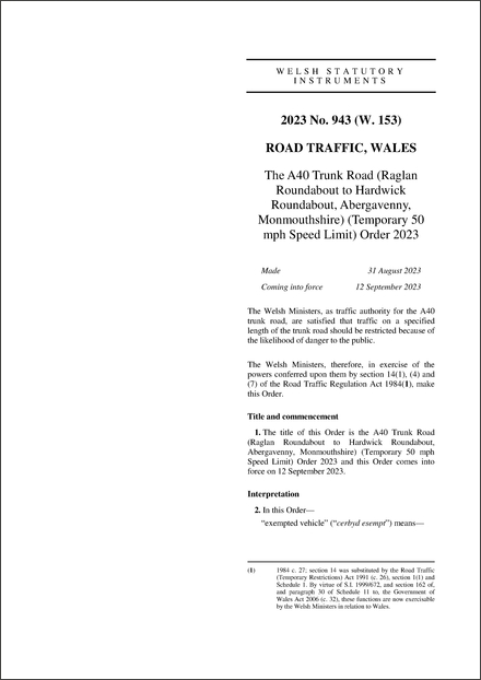 The A40 Trunk Road (Raglan Roundabout to Hardwick Roundabout, Abergavenny, Monmouthshire) (Temporary 50 mph Speed Limit) Order 2023