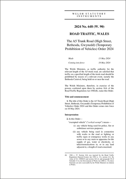 The A5 Trunk Road (High Street, Bethesda, Gwynedd) (Temporary Prohibition of Vehicles) Order 2024