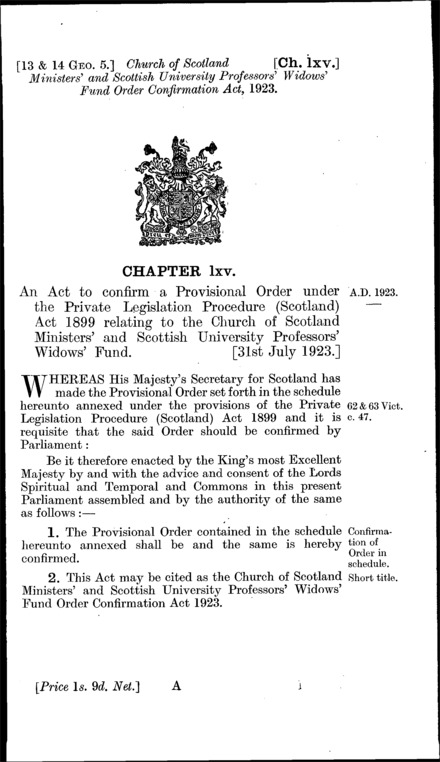 Church of Scotland Ministers' and Scottish University Professors' Widows' Fund Order Confirmation Act 1923